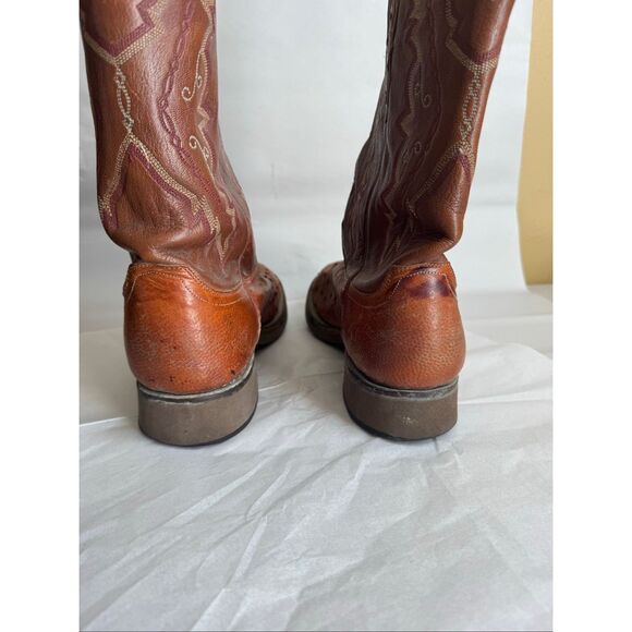 Lucchese 2000 Full Quill Ostrich Cowboy Boots Brown Leather 11D Flaws - Picture 8 of 12